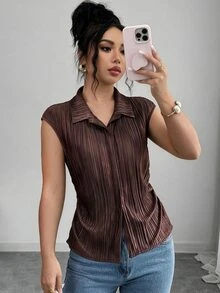 SHEIN Unity Women's Solid Color Casual Elegant Versatile Daily Wear Top Brunch Dark Brown Summer - Coffee Brown - View 3