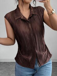 SHEIN Unity Women's Solid Color Casual Elegant Versatile Daily Wear Top Brunch Dark Brown Summer - Coffee Brown - View 5