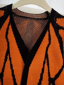 SHEIN Women's Contrast Color Large Butterfly Jacquard V-Neck Cropped Knit Cardigan - Orange - View 5