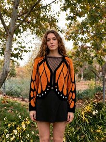 SHEIN Women's Contrast Color Large Butterfly Jacquard V-Neck Cropped Knit Cardigan - Orange - View 4