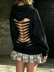INAWLY Women's Solid Color Hollow Out Casual Daily Sweatshirt - Black - View 5