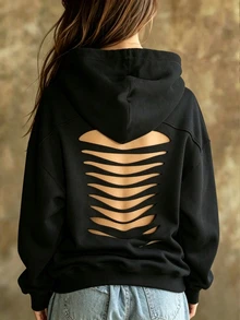 INAWLY Women's Solid Color Hollow Out Casual Daily Sweatshirt - Black - View 4