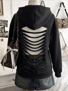 INAWLY Women's Solid Color Hollow Out Casual Daily Sweatshirt - Black - View 2