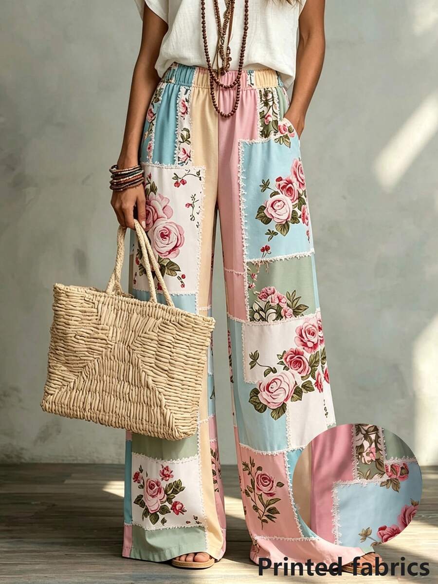Breezaya Celana Panjang Kasual Wanita Motif Patchwork Berwarna-warni dengan Desain Liburan Pedesaan - MultiWarna - View 1