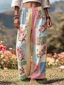 Breezaya Celana Panjang Kasual Wanita Motif Patchwork Berwarna-warni dengan Desain Liburan Pedesaan - MultiWarna - View 4