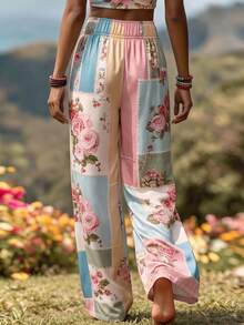 Breezaya Celana Panjang Kasual Wanita Motif Patchwork Berwarna-warni dengan Desain Liburan Pedesaan - MultiWarna - View 3