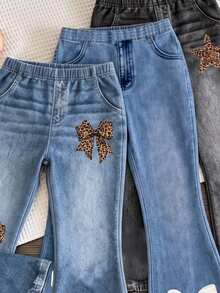 SHEIN Elladie kids 4-7y Girls 2pcs/Pack (2 RandomPiece ) Sweet Cute Digital Print Elastic Waist Flare Jeans, Suitable For Daily Wear And Outings Autumn Fall Baby Blue - Multicolor - View 3
