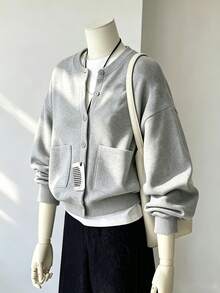 Franclia Women's Solid Color Long Sleeve Single-Breasted Pocket Casual Baseball Collar Regular Jacket, Autumn - Light Grey - View 1