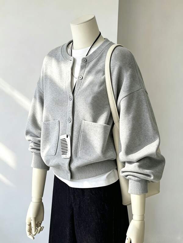 Franclia Jaket Wanita Polos Lengan Panjang Kancing Tunggal dengan Saku, Kerah Baseball Kasual, Musim Gugur