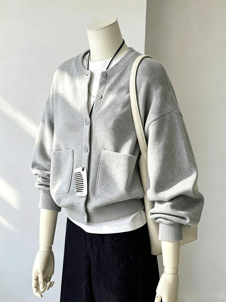Franclia Women's Solid Color Long Sleeve Single-Breasted Pocket Casual Baseball Collar Regular Jacket, Autumn - Light Grey - View 1
