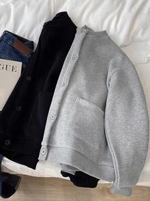 Franclia Women's Solid Color Long Sleeve Single-Breasted Pocket Casual Baseball Collar Regular Jacket, Autumn - Light Grey - View 3