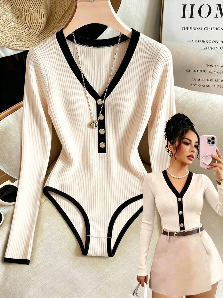 Rafferiza Women's Colorblock Trim Long Sleeve Bodysuit - Apricot - View 1