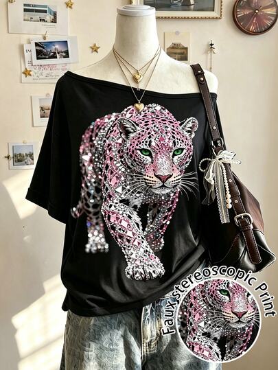 Lalippa 女款不對稱肩動物印花休閒日常穿著T恤