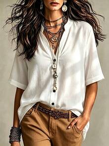 INAWLY Women's Solid Color V-Neck Short Sleeve Casual Shirt - White - View 3