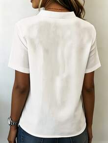 INAWLY Women's Solid Color V-Neck Short Sleeve Casual Shirt - White - View 2