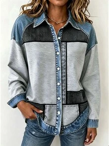 SHEIN LUNE Women's Denim Effect Print Long Sleeve Single-Breasted Casual Shirt - Multicolor - View 4