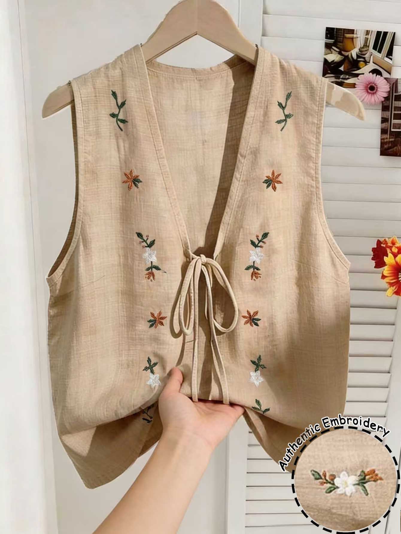 Franclia Women's Vacation Casual Floral Embroidered Sleeveless Blouse - Khaki - View 1