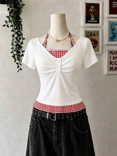 Raffinéva Women's Summer Casual Commuting Plaid Print Pleated Chest Short Sleeve Top