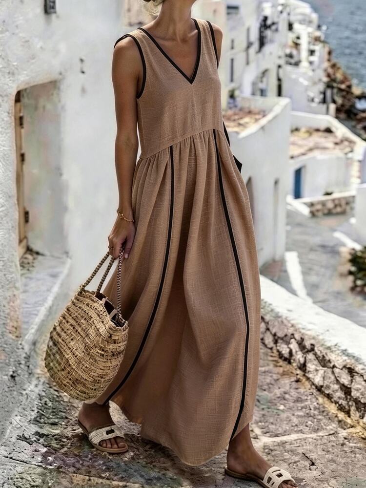 SHEIN Fiorisel Women's Summer Outfit, Women's Casual Vacation Color Block Trim Dress, Off-Shoulder Dress, Casual Long Dress, Spring/Summer Dress, Textured Fabric Dress, Color Block Trim, Commute, Daily, Spring, Autumn, Meeting, Business Negotiation