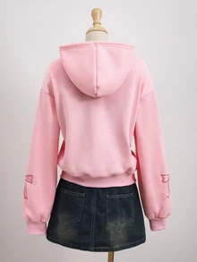 女童青少年純色時尚可愛街頭風蝴蝶結運動外套，長袖，舒適抓絨布料，設計感袖口細節，粉色冬季款 - 粉色 - 查看 3