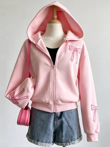 女童青少年純色時尚可愛街頭風蝴蝶結運動外套，長袖，舒適抓絨布料，設計感袖口細節，粉色冬季款 - 粉色 - 查看 4