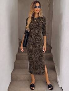SHEIN LUNE Women's Elegant Leopard Print V-Neck 3/4 Sleeve Midi Dress, Essential For All-Season Wear - Multicolor - View 4