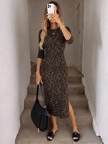SHEIN LUNE Women's Elegant Leopard Print V-Neck 3/4 Sleeve Midi Dress, Essential For All-Season Wear - Multicolor - View 3