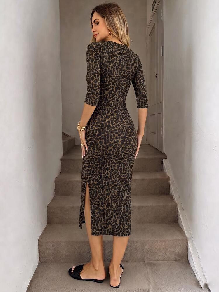 SHEIN LUNE Women's Elegant Leopard Print V-Neck 3/4 Sleeve Midi Dress, Essential For All-Season Wear - Multicolor - View 2