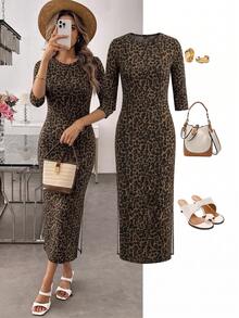 SHEIN LUNE Women's Elegant Leopard Print V-Neck 3/4 Sleeve Midi Dress, Essential For All-Season Wear - Multicolor - View 7