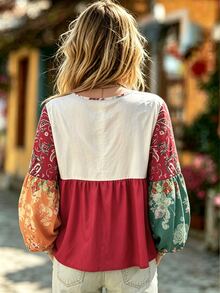 Selamara Women's Vacation Casual Colorblock Patchwork Floral Print Shirt - Multicolor - View 2