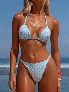 SHEIN Swim Women's Boho 2 Pieces Light Blue Floral Triangle Bikini Set,Handmade Daisy Embroidery,Starfish Charm,Summer Beach Holiday Stretch Swimwear,Holiday - Blue - View 3
