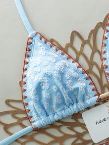 SHEIN Swim Women's Boho 2 Pieces Light Blue Floral Triangle Bikini Set,Handmade Daisy Embroidery,Starfish Charm,Summer Beach Holiday Stretch Swimwear,Holiday - Blue - View 7