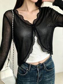 Tideelle 白色V領蕾絲飾邊防曬罩衫，夏季薄款女款細肩帶罩衫披肩外套 - 黑色 - 查看 1