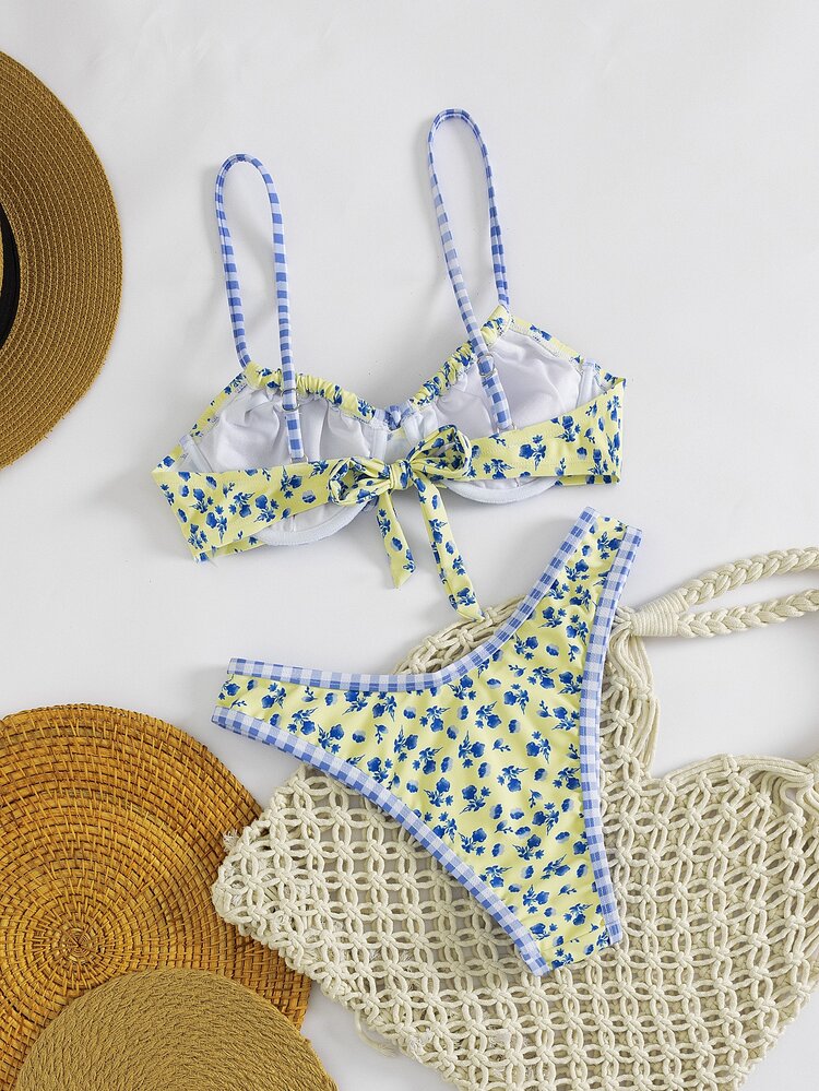 Swim Mod Women's Elegant Boho Y2K Yellow Ditsy Floral Triangle Bikini Set,2 Pieces Swimwear With Gingham Trim,Front Bow Tie,Cheeky Bottom Summer Beach Vacation - Multicolor - View 6