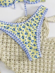 Swim Mod 女款優雅波希米亞 Y2K 黃色碎花三角比基尼套裝，2 件式泳衣配格紋飾邊，前綁帶設計，性感三角褲，適合夏季海灘度假 - 彩色 - 查看 9