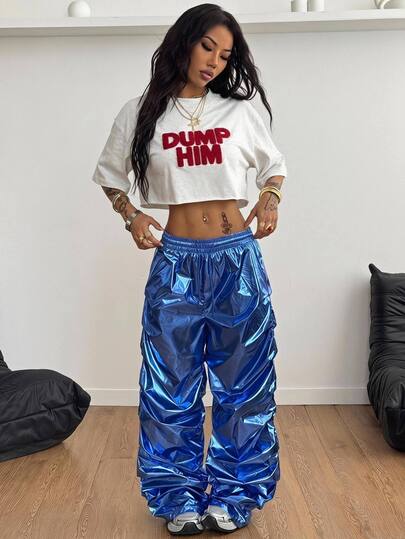 Coolane Women's Summer Streetwear Going Out Y2K Silver PU Coated Parachute Pants With Wide Leg, Elastic Waist, Pockets Cargo Pants