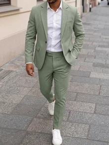 Manfinity Mode Men 1pc Solid Blazer & 1pc Suit Pants - Green - View 8