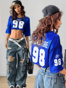 SHEIN Coolane 女式街头风格酷炫复古运动足球球衣字母印花 Y2K Blokecore 短款百搭 T 恤 - 藍色 - 查看 1