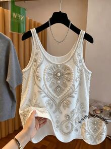 SHEIN Franclia 最新款女款休閒大圓領白色珍珠珠飾印花彈性針織無袖背心上衣，休閒外出上衣，夏季日常休閒 - 彩色 - 查看 1