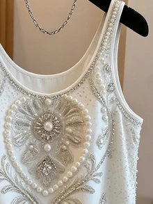 SHEIN Franclia 最新款女款休閒大圓領白色珍珠珠飾印花彈性針織無袖背心上衣，休閒外出上衣，夏季日常休閒 - 彩色 - 查看 4