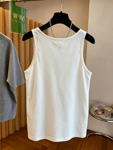 SHEIN Franclia 最新款女款休閒大圓領白色珍珠珠飾印花彈性針織無袖背心上衣，休閒外出上衣，夏季日常休閒 - 彩色 - 查看 2