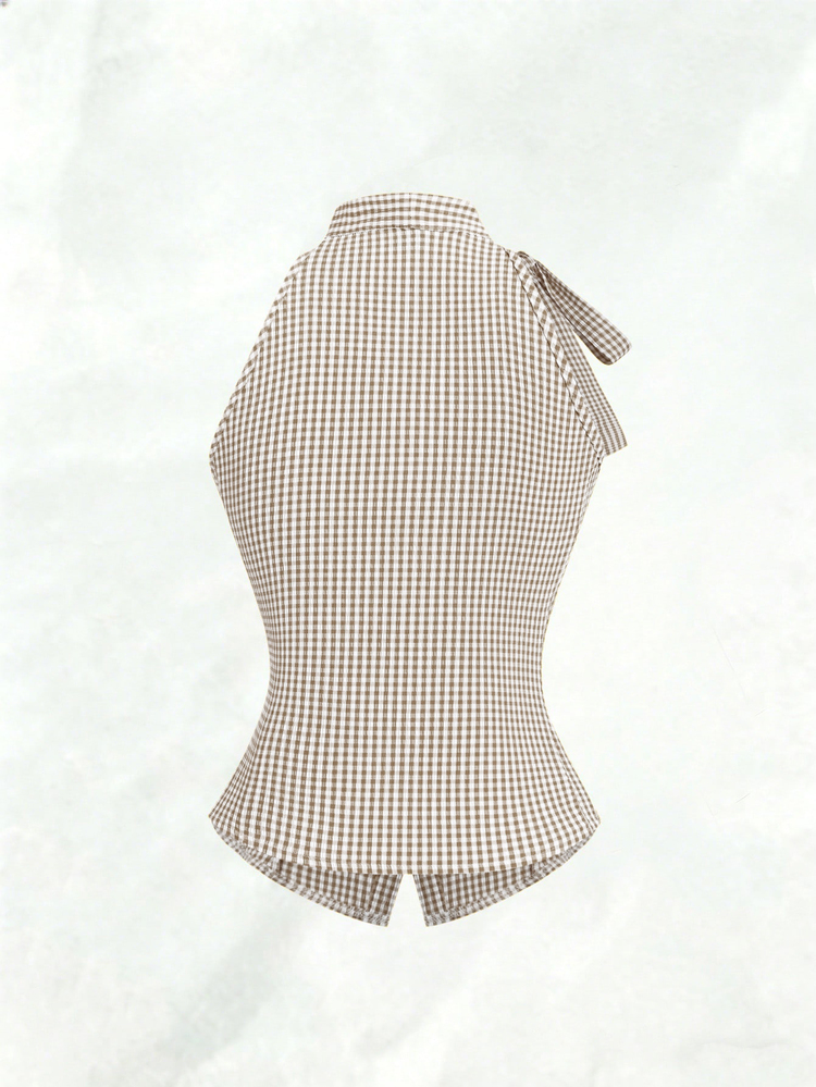 SHEIN Franclia Spring Summer Casual French Elegant Chic Neckline Tie Sleeveless Fitted Front V-Neck Open Placket Vertical Button Waist Ruched Slim Women Shirt White - Khaki - View 2