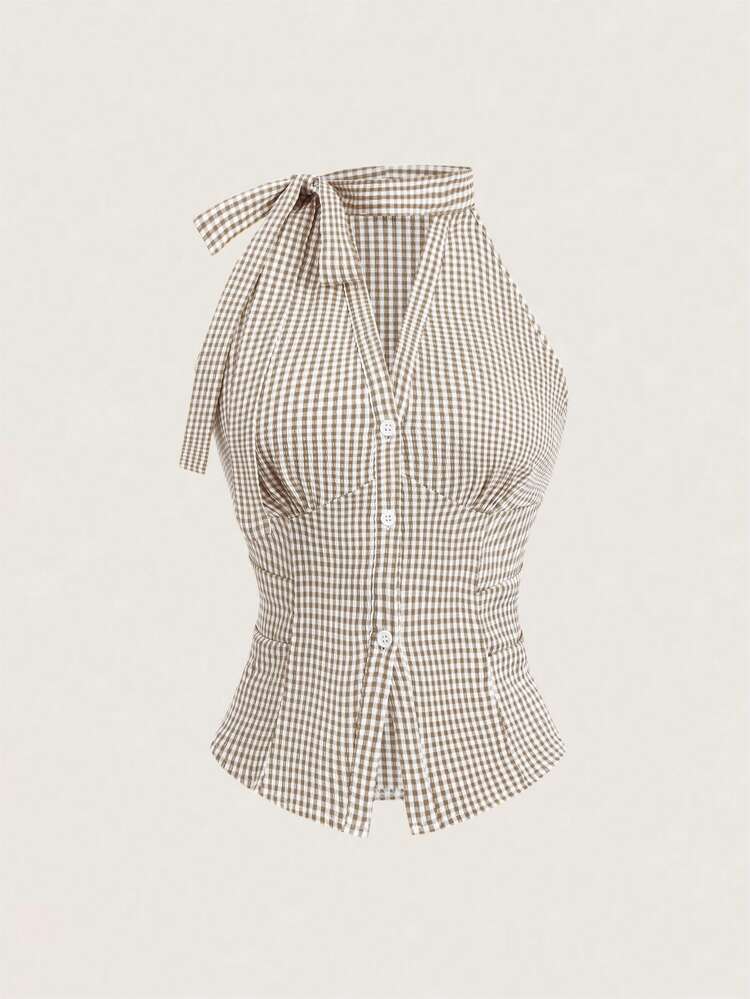 SHEIN Franclia Spring Summer Casual French Elegant Chic Neckline Tie Sleeveless Fitted Front V-Neck Open Placket Vertical Button Waist Ruched Slim Women Shirt White - Khaki - View 4