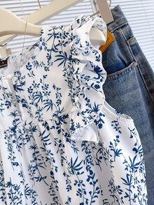 Franclia Blusa suelta de mujer con diseño de botones frontales, cuello redondo y mangas cortas, con pliegues, en estilo francés de verano - Azul - Ver 5