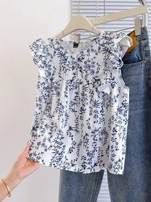 Franclia Blusa suelta de mujer con diseño de botones frontales, cuello redondo y mangas cortas, con pliegues, en estilo francés de verano - Azul - Ver 6