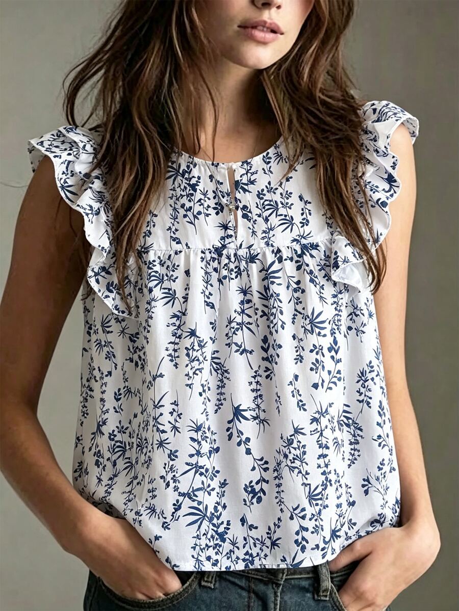 Franclia Blusa suelta de mujer con diseño de botones frontales, cuello redondo y mangas cortas, con pliegues, en estilo francés de verano - Azul - Ver 1