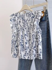 Franclia Blusa suelta de mujer con diseño de botones frontales, cuello redondo y mangas cortas, con pliegues, en estilo francés de verano - Azul - Ver 2