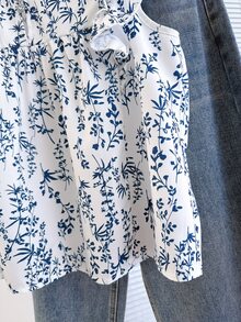 Franclia Blusa suelta de mujer con diseño de botones frontales, cuello redondo y mangas cortas, con pliegues, en estilo francés de verano - Azul - Ver 4