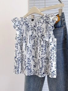 Franclia Blusa suelta de mujer con diseño de botones frontales, cuello redondo y mangas cortas, con pliegues, en estilo francés de verano - Azul - Ver 3