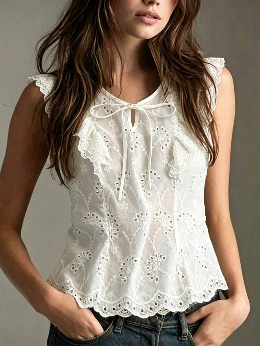 Franclia Women's White Casual Regular Length Plain Ruffle Cap Puff Sleeve Top With Tie Neck In Fabric - White - View 1